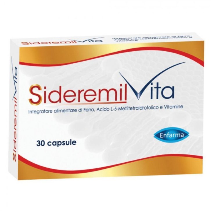 Sideremil Vita Integratore Alimentare Ferro in Liposomi Vitamina C D3 B6 B12 Acido Folico 30 Capsule - Enfarma Sideremil Vita Integratore Alimentare Ferro in Liposomi Vitamina C D3 B6 B12 Acido Folico 30 Capsule - Enfarma