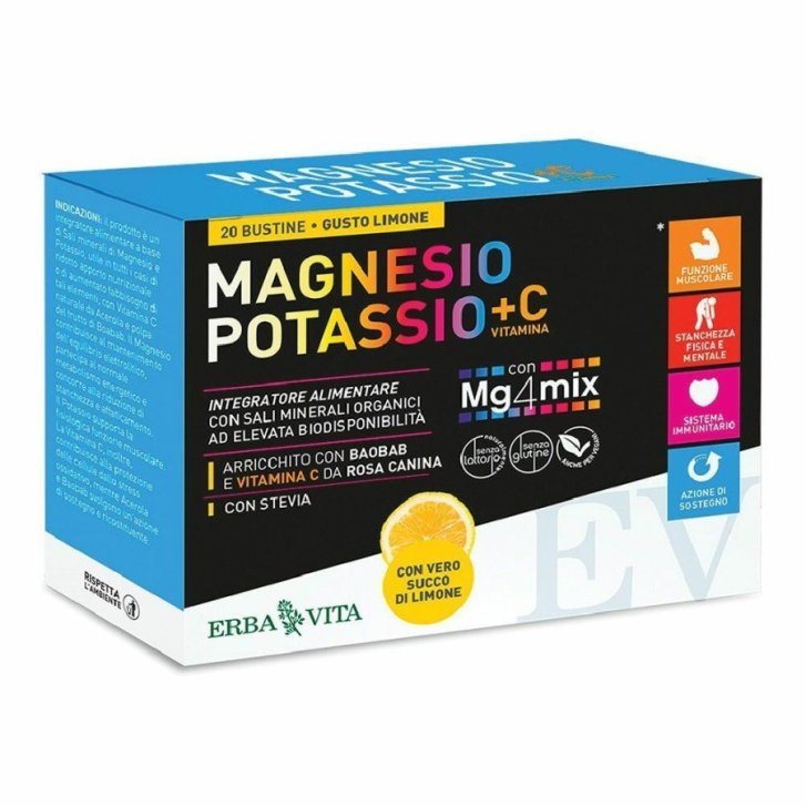 Magnesio E Potassio + Vitamina C Con Rosa Canina E Baobab 20 Bustine - Erba Vita Magnesio E Potassio + Vitamina C Con Rosa Canina E Baobab 20 Bustine - Erba Vita