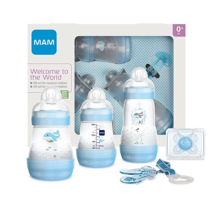Mam Set Regalo Neonati Azzurro 2 Biberon 160 ml + 1 Biberon 260 ml + Succhietto + Clip - Mam