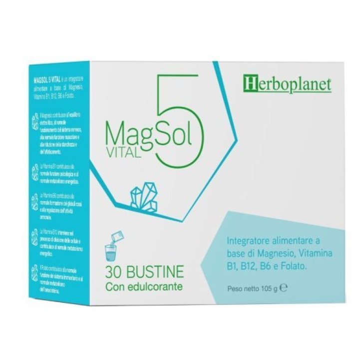 Magsol 5 Vital Integratore Alimentare con Magnesio Vitamine B1 B6 B12 e Folato 30 Bustine - Herboplanet Magsol 5 Vital Integratore Alimentare con Magnesio Vitamine B1 B6 B12 e Folato 30 Bustine - Herboplanet