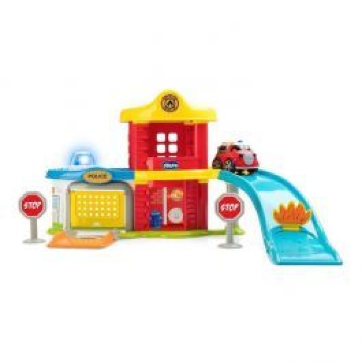 Chicco Gioco Police Fire Station Playset con Camion dei Pompieri e Cartelli Stradali - 9358 - Chicco
