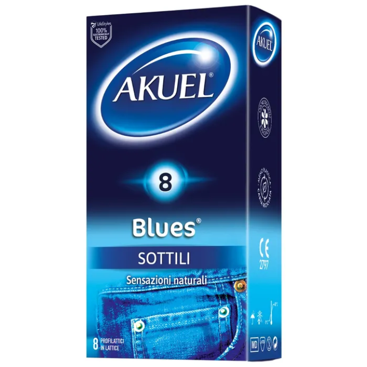 Profilattico Akuel Blues Sottile in Lattice di Gomma Naturale 8 Pezzi - Akuel Profilattico Akuel Blues Sottile in Lattice di Gomma Naturale 8 Pezzi - Akuel