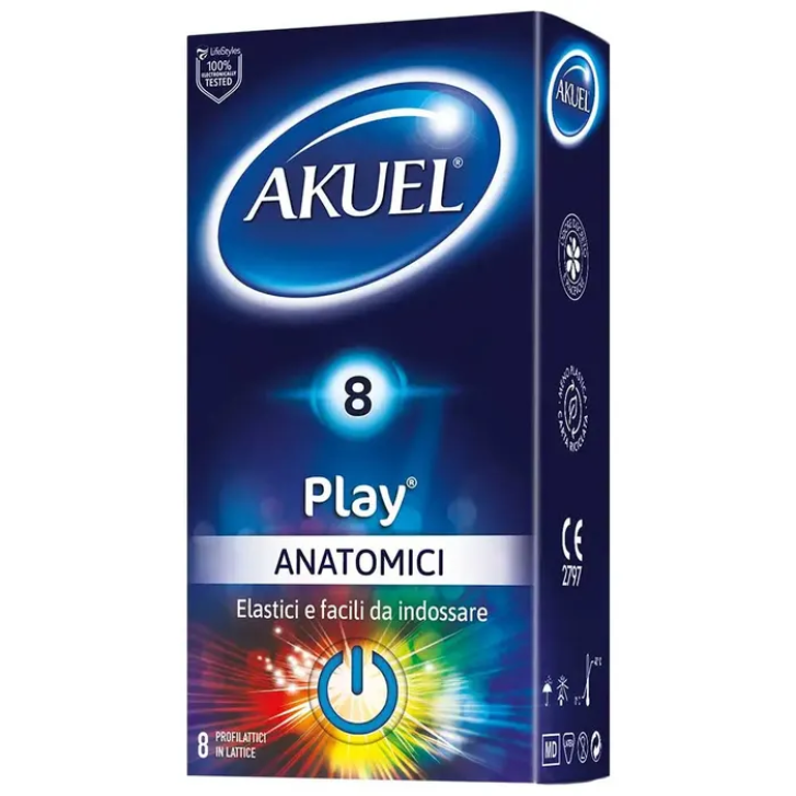 Akuel Play Profilattico Anatomico in Lattice Pre-Lubrificato con Serbatoio 8 Pezzi - Akuel