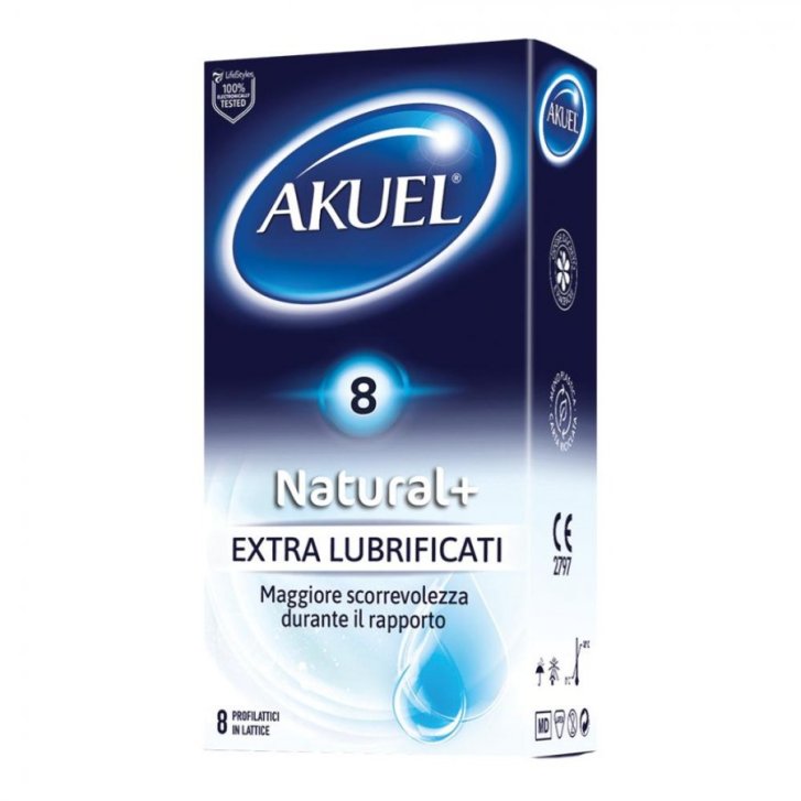 Akuel Natural+ Profilattico Extra Lubrificato con Serbatoio 8 Pezzi - Akuel