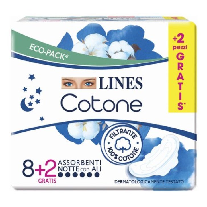 Lines Cotone Bio Ultra Ali Notte Assorbenti con 100% Cotone Biologico 8+2 Pezzi - Lines Lines Cotone Bio Ultra Ali Notte Assorbenti con 100% Cotone Biologico 8+2 Pezzi - Lines