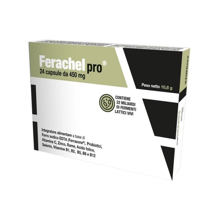 Ferachel Pro Integratore con Ferro Probiotici e Vitamine del Gruppo B 24 Capsule - AQMA Italia Srl Ferachel Pro Integratore con Ferro Probiotici e Vitamine del Gruppo B 24 Capsule - AQMA Italia Srl