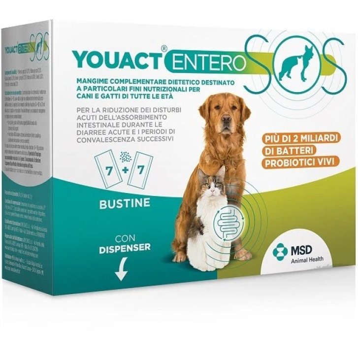 Youact Entero Sos Mangime Complementare per Cani e Gatti con Probiotici e Prebiotici 14 Bustine 2 g