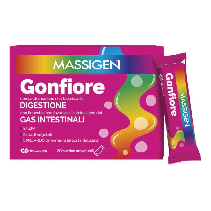 Massigen Gonfiore Integratore Alimentare per Digestione e Gas Intestinali 20 Stick - Marco Viti Farmaceutici SpA Massigen Gonfiore Integratore Alimentare per Digestione e Gas Intestinali 20 Stick - Marco Viti Farmaceutici SpA