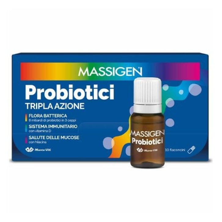 Massigen Probiotici Tripla Azione Integratore di Fermenti Lattici con Vitamina D e B3 10x8ml - Massigen Massigen Probiotici Tripla Azione Integratore di Fermenti Lattici con Vitamina D e B3 10x8ml - Massigen