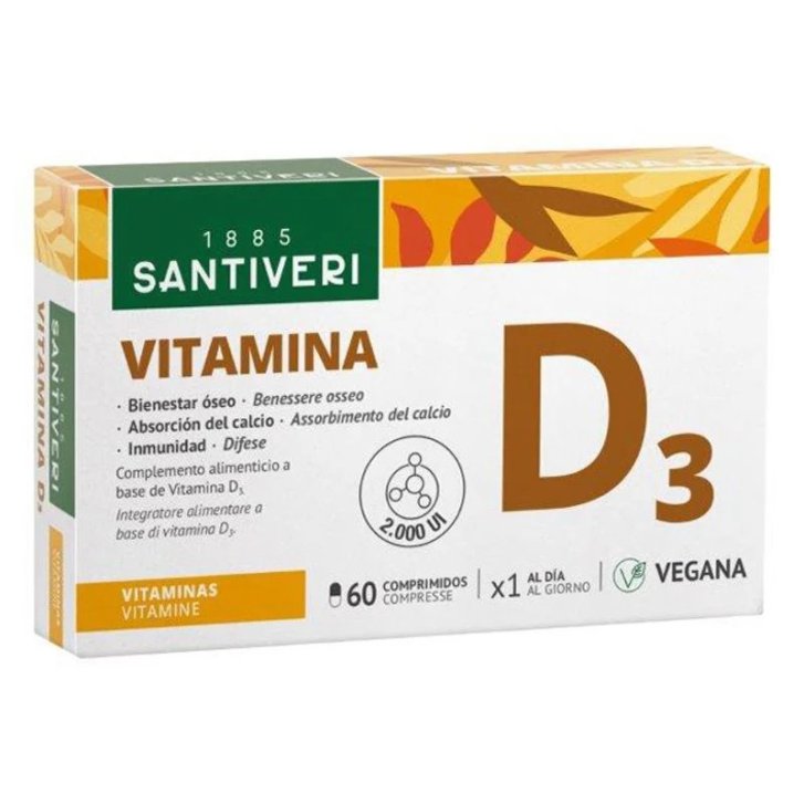 Vitamina D3 2000UI Veg Integratore Vegetale per Sistema Immunitario e Ossa 60 Compresse - Santiveri