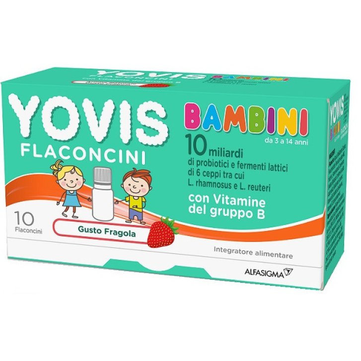Yovis Bambini Integratore Fermenti Lattici e Probiotici con Vitamine Gruppo B Gusto Fragola Senza Glutine e Lattosio 10 Flaconcini 100ml - Alfasigma