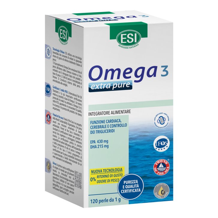 Omega 3 Extra Pure Integratore Olio di Pesce con EPA DHA e Vitamina E 120 Perle - ESI Omega 3 Extra Pure Integratore Olio di Pesce con EPA DHA e Vitamina E 120 Perle - ESI