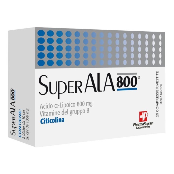SuperALA 800 Integratore Acido Lipoico Citicolina e Vitamine B Neuroprotettivo 20 Compresse - Pharmasuisse SuperALA 800 Integratore Acido Lipoico Citicolina e Vitamine B Neuroprotettivo 20 Compresse - Pharmasuisse
