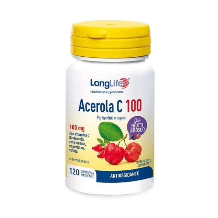 Acerola C100 Integratore Vitamina C con Rosa Canina Rutina ed Esperidina Gusto Frutti di Bosco 120 Compresse Masticabili - Longlife Acerola C100 Integratore Vitamina C con Rosa Canina Rutina ed Esperidina Gusto Frutti di Bosco 120 Compresse Masticabili - Longlife
