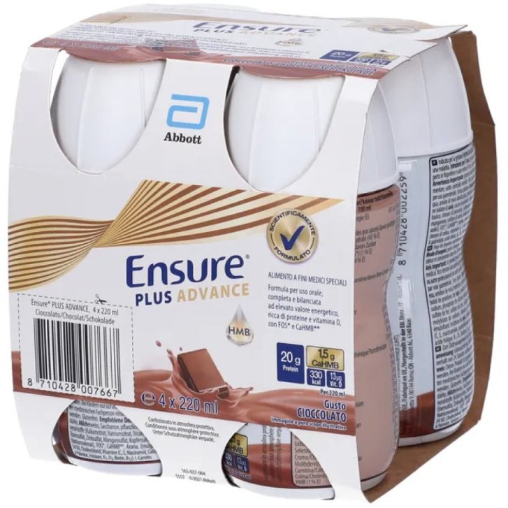 Ensure Plus Advance Alimento a Fini Medici Speciali Ipercalorico Iperproteico con HMB Gusto Cioccolato 4 Bottiglie da 220ml - Abbott