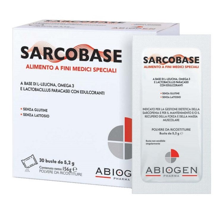 Sarcobase Alimento Speciale Sarcopenia e Decadimento Muscolare con L-Leucina Omega 3 e Lactobacillus paracasei 30 Bustine - Abiogen Sarcobase Alimento Speciale Sarcopenia e Decadimento Muscolare con L-Leucina Omega 3 e Lactobacillus paracasei 30 Bustine - Abiogen