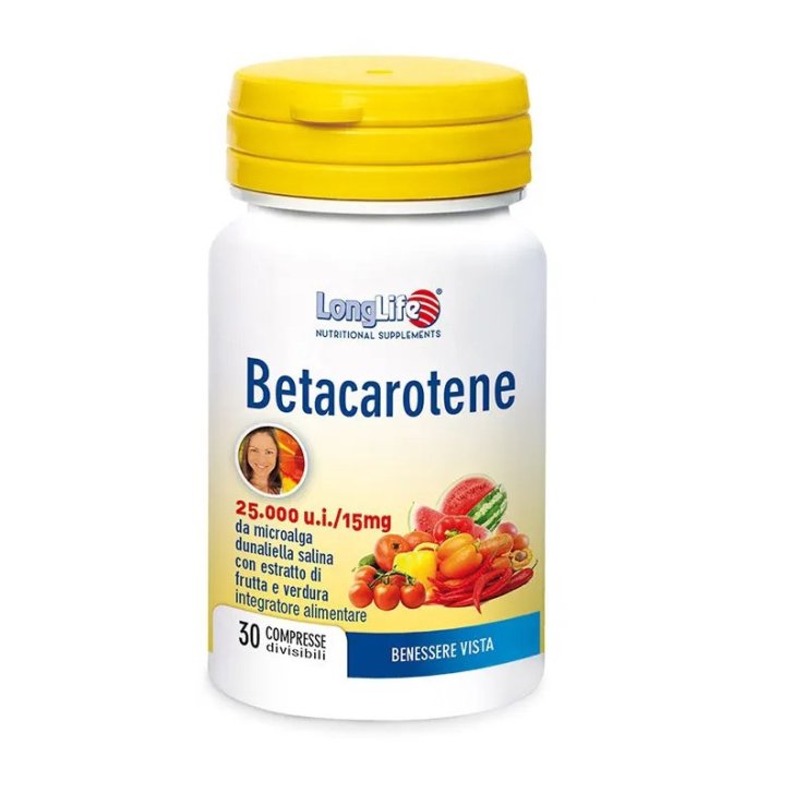 Betacarotene 25.000 UI Integratore per Vista Pelle e Difese Immunitarie 30 Compresse Divisibili Senza Glutine - LongLife Betacarotene 25.000 UI Integratore per Vista Pelle e Difese Immunitarie 30 Compresse Divisibili Senza Glutine - LongLife