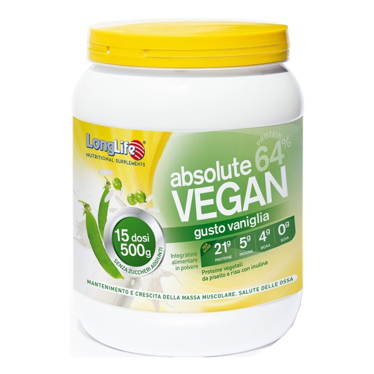 Absolute Vegan Integratore Proteico Vegetale con Inulina Senza Glutine Gusto Vaniglia 500g - Longlife