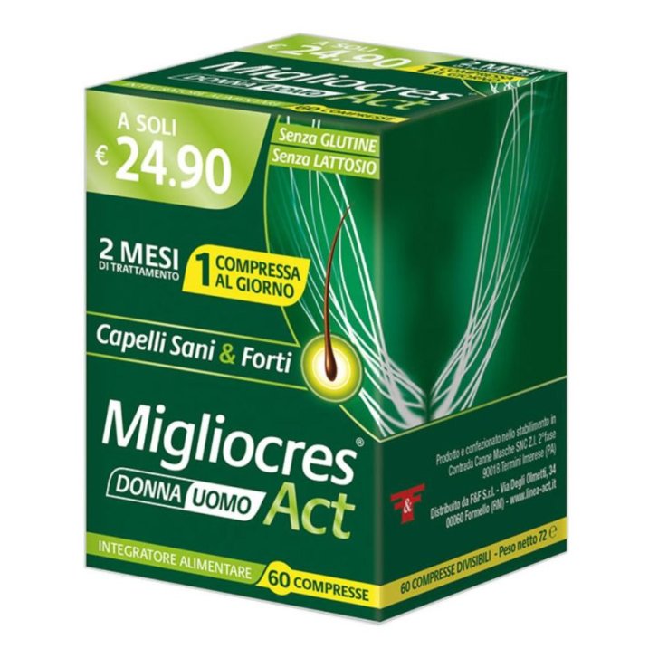 Migliocres Act Integratore Capelli e Unghie con Biotina Zinco e Selenio 60 Compresse Divisibili - F&F Srl Migliocres Act Integratore Capelli e Unghie con Biotina Zinco e Selenio 60 Compresse Divisibili - F&F Srl