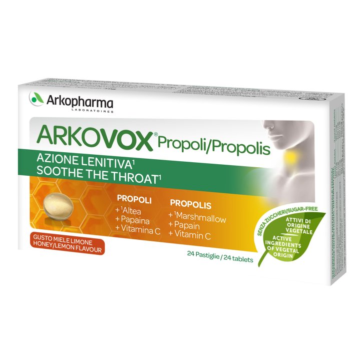Arkovox Propoli Integratore per la Gola Miele e Limone con Vitamina C Senza Zuccheri 24 Compresse - Arkopharma