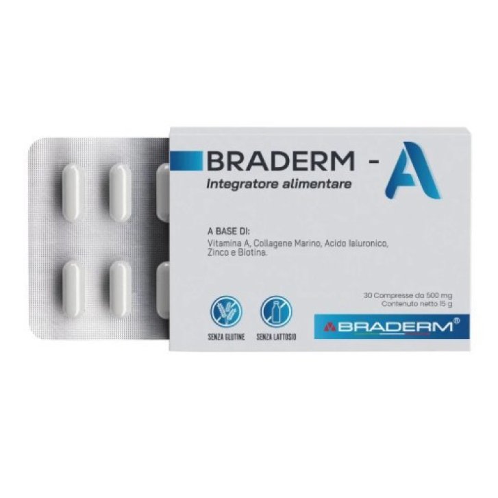 Braderm A Integratore Alimentare per il Benessere della Pelle con Vitamina A Collagene Marino e Acido Ialuronico 30 Compresse - BRADERM