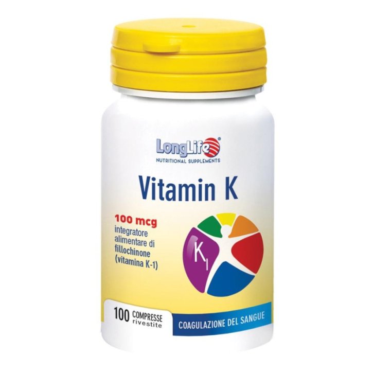 Vitamin K Integratore Vitamina K1 per Ossa e Coagulazione del Sangue 100 mcg 100 Compresse - Longlife Vitamin K Integratore Vitamina K1 per Ossa e Coagulazione del Sangue 100 mcg 100 Compresse - Longlife