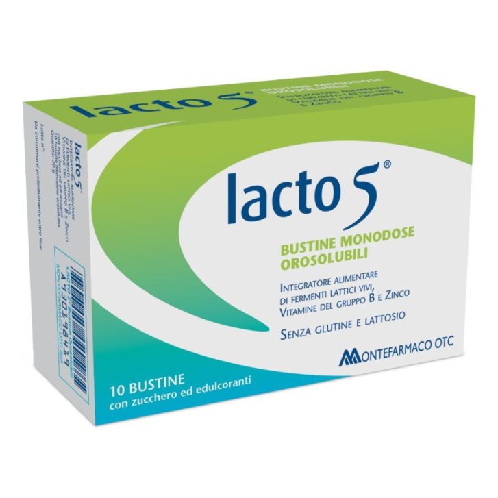 Lacto 5 Integratore Fermenti Lattici con Zinco e Vitamine Gruppo B Senza Glutine e Lattosio 10 Bustine Orosolubili - Montefarmaco OTC