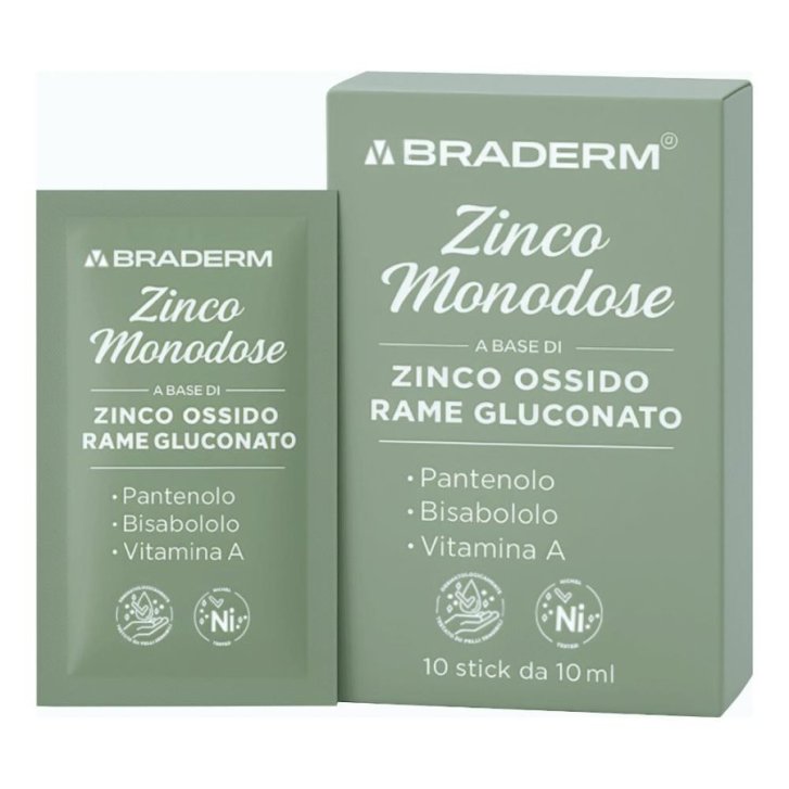 Zinco Monodose Crema Protettiva e Lenitiva con Ossido di Zinco e Olio di Mandorle Dolci 10 Stick da 10 ml - BRADERM