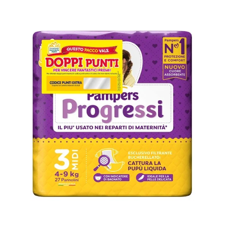 Pampers Progressi 3 Midi con Indicatore di Bagnato e Filtrante per Pupù Liquida 27 Pannolini - Pampers Pampers Progressi 3 Midi con Indicatore di Bagnato e Filtrante per Pupù Liquida 27 Pannolini - Pampers