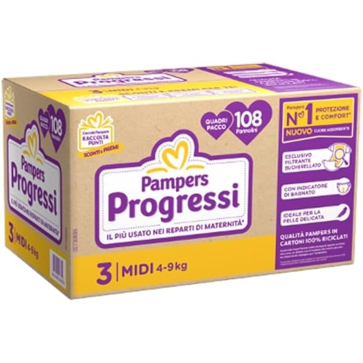 Pampers Progressi Pannolino con Cuore Assorbente e Indicatore di Bagnato 108 Pezzi - Pampers