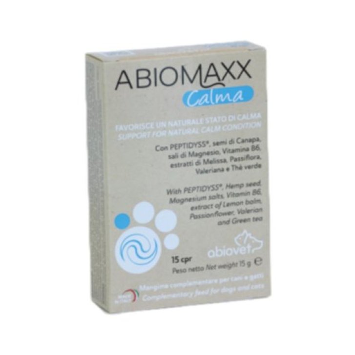 Abiomaxx Calma Mangime Complementare per Cani e Gatti con Estratti Naturali 15 Compresse - Abiovetsrl Abiomaxx Calma Mangime Complementare per Cani e Gatti con Estratti Naturali 15 Compresse - Abiovetsrl