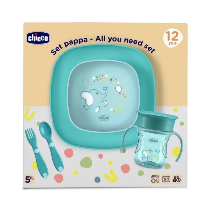 Chicco Set Pappa 12 Mesi+ Azzurro con Ciotola, Piatto, Tazza, Cucchiaio e Forchetta - Chicco