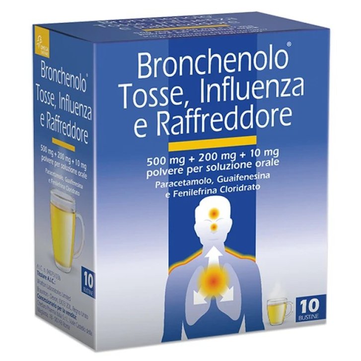 Bronchenolo Tosse Influenza e Raffreddore Polvere per Soluzione Orale con Paracetamolo Guaifenesina Fenilefrina 10 Bustine - Bronchenolo