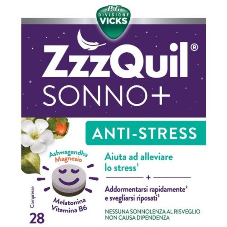 ZzzQuil Sonno+ Antistress Integratore Alimentare con Melatonina Ashwagandha e Magnesio 28 Compresse - Vicks