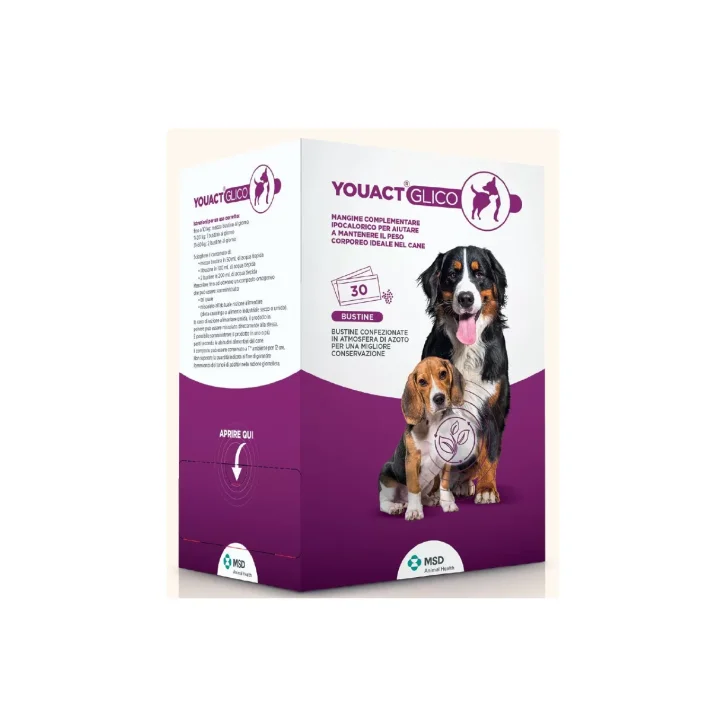 Youact Glico Mangime Complementare Ipocalorico per Cani 30 Bustine da 10 g - MSD Animal Health Youact Glico Mangime Complementare Ipocalorico per Cani 30 Bustine da 10 g - MSD Animal Health