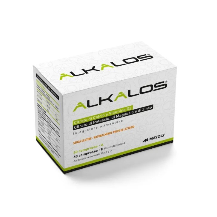 Alkalos Integratore Alimentare con Calcio Magnesio Potassio e Vitamina D3 2 Flaconi da 60 Compresse - Mayoly Italia