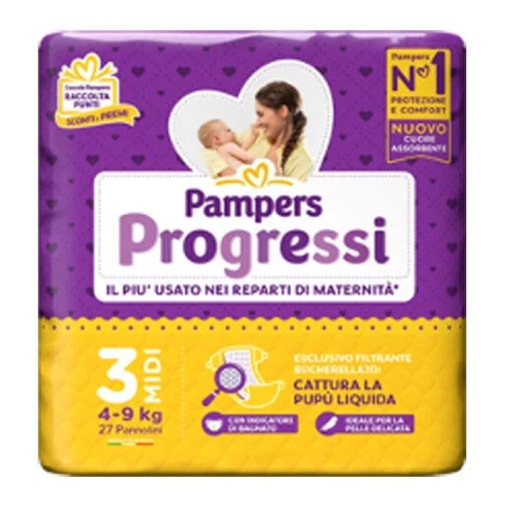 Pampers Progressi 3 Midi Pannolino con Indicatore di Bagnato e Filtrante per Pupù Liquida 27 Pezzi - Pampers