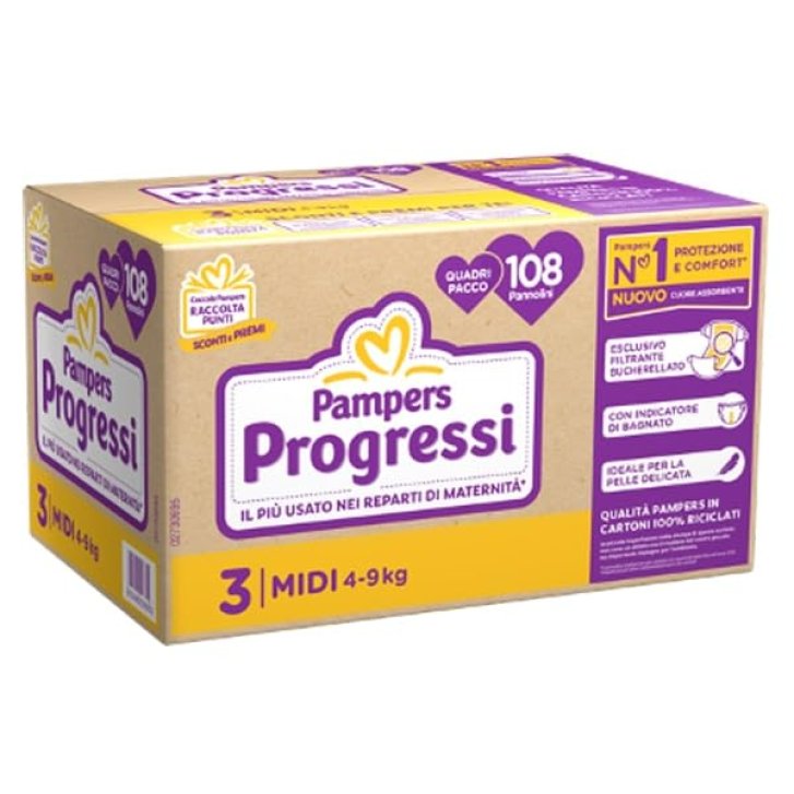 Pampers Progressi Pannolino con Cuore Assorbente e Indicatore di Bagnato 108 Pezzi - Pampers