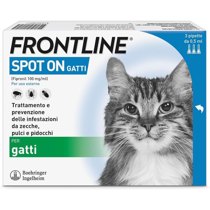 Antiparassitario Spot-On Gatti contro Pulci Zecche Pidocchi 3 Pipette 0,5ml - Frontline