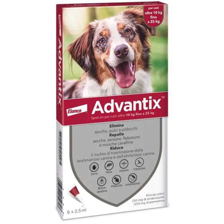 Antiparassitario Spot On per Cani 10-25 kg Contro Pulci Zecche Zanzare 6 Pipette - Advantix