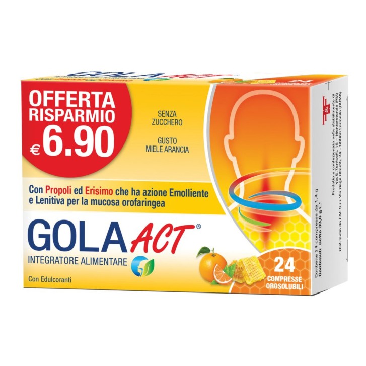 Gola Act Integratore per Gola con Erisimo Vitamina C e Propoli 24 Compresse - F&F Gola Act Integratore per Gola con Erisimo Vitamina C e Propoli 24 Compresse - F&F