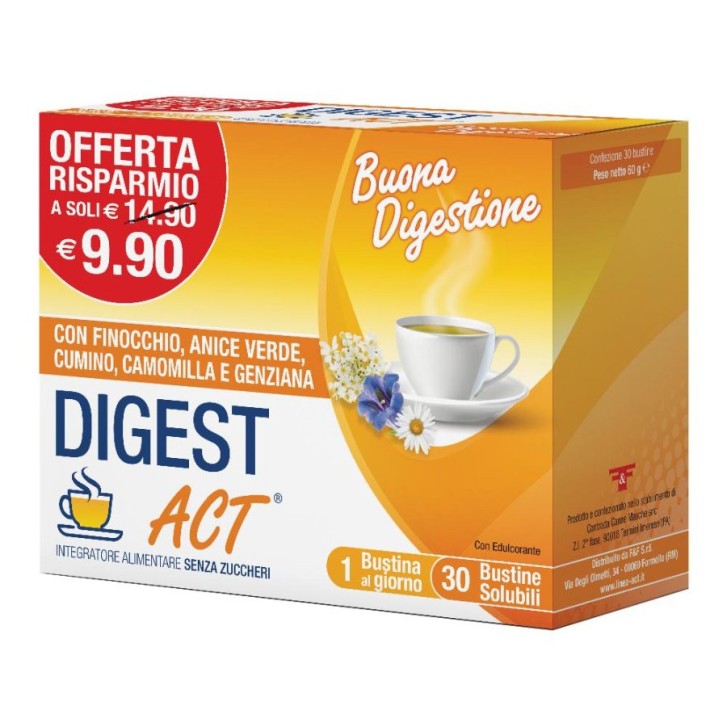 Digest Act Integratore Digestivo Naturale con Finocchio e Anice 30 Bustine Solubili - F&F Digest Act Integratore Digestivo Naturale con Finocchio e Anice 30 Bustine Solubili - F&F