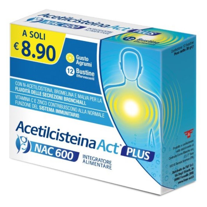 Acetilcisteina 600mg Integratore Effervescente Apparato Respiratorio 12 Bustine - F&F SRL
