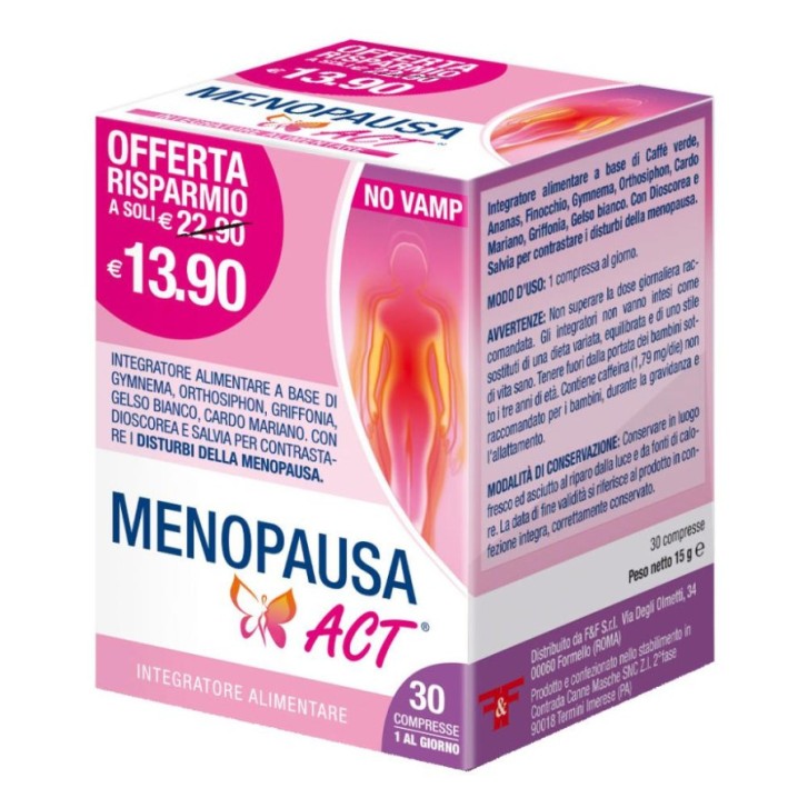 MENOPAUSA ACT Integratore per Disturbi Menopausa con Caffè Verde e Ananas 30 Compresse - F&F MENOPAUSA ACT Integratore per Disturbi Menopausa con Caffè Verde e Ananas 30 Compresse - F&F