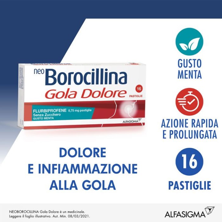 Neoborocillina Gola Dolore 8,75mg Menta Senza Zucchero 16 Pastiglie - Neoborocillina