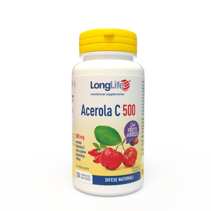 Acerola C 500 Limone Longlife, Integratore Vitamina C - 30 Compresse Masticabili - Longlife