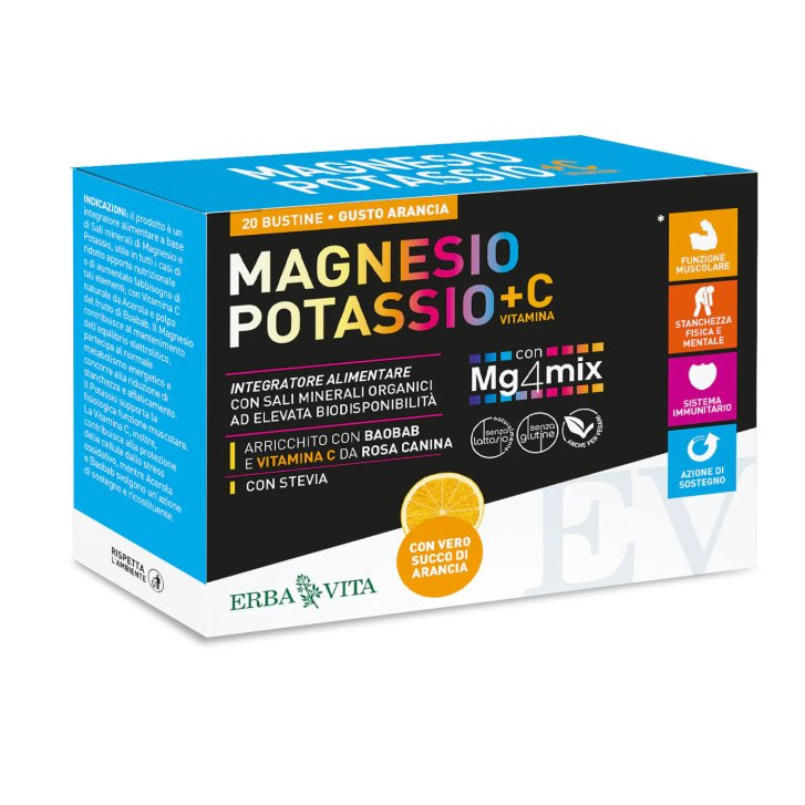 Magnesio Potassio + Vitamina C Integratore Gusto Arancia 20 Bustine - Erba Vita