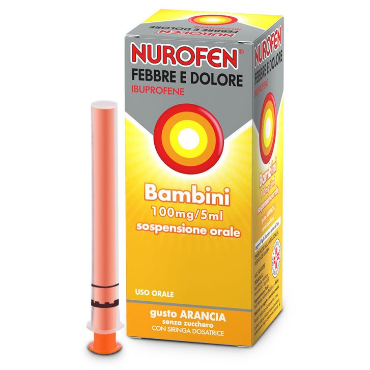 Nurofen Febbre e Dolore Bambini Sospensione Orale 100mg/5ml Gusto Arancia Senza Zucchero con Siringa Dosatrice - Nurofen
