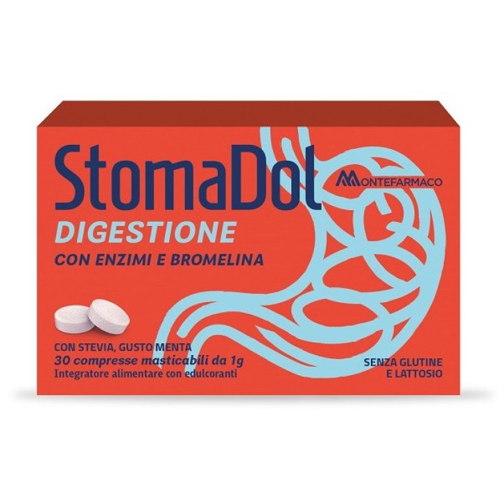 Stomadol Digestione Integratore Enzimi ed Estratti Vegetali Senza Glutine e Lattosio 30 Compresse Masticabili - Montefarmaco OTC