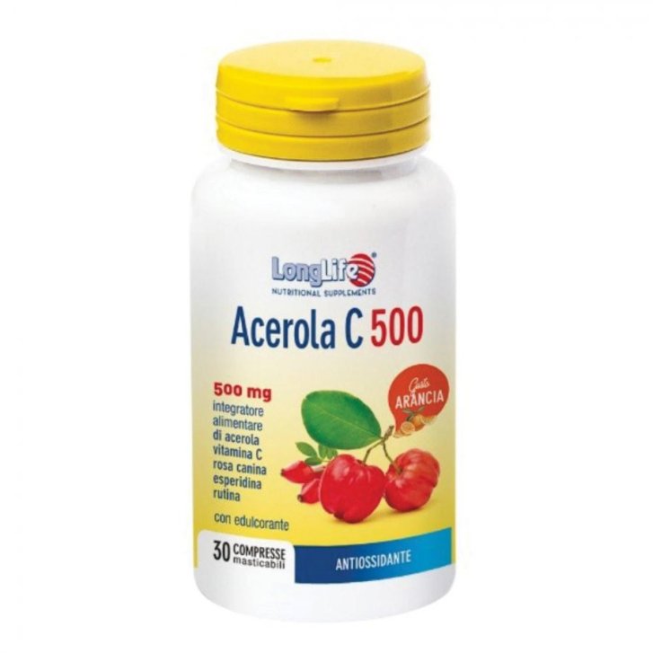 Acerola C500 Integratore Vitamina C con Rosa Canina Rutina ed Esperidina Gusto Arancia 30 Compresse Masticabili - LongLife